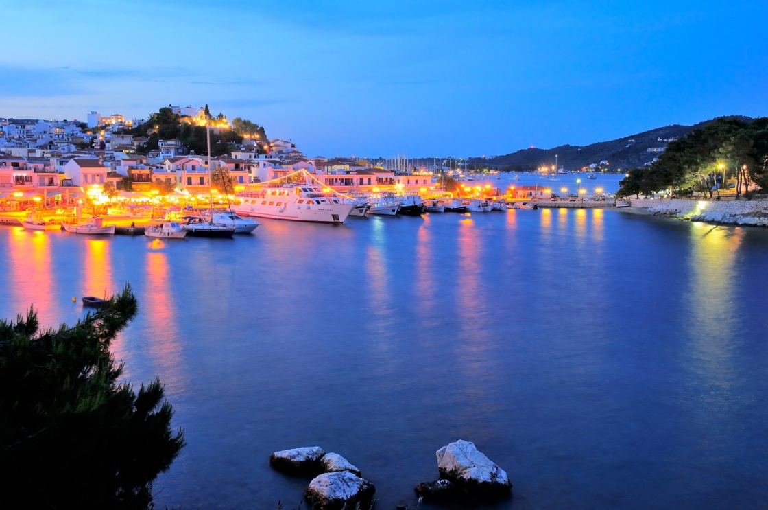 Skiathos town at night,  Skiathos island, Sporades archipelago, Greece